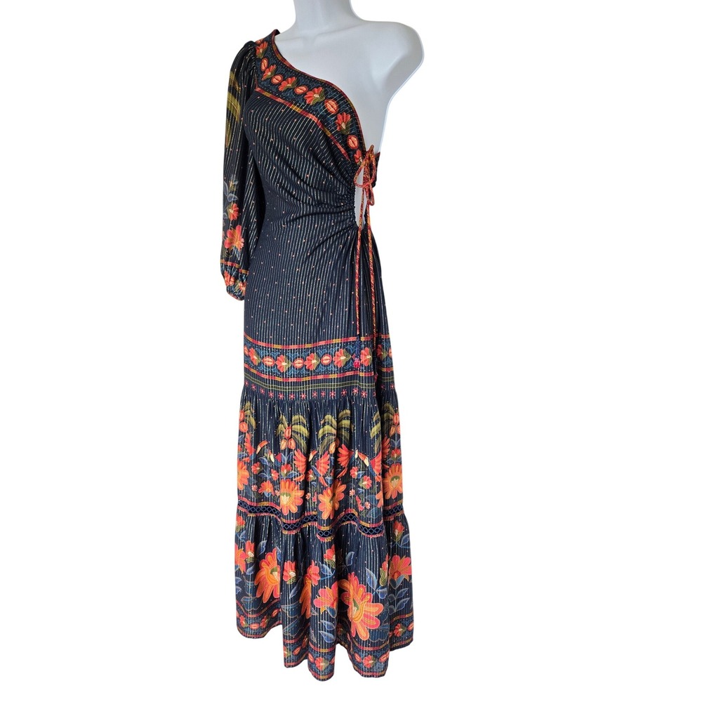 Rare Farm Rio Navy Floral Metallic Stripe One Shoulder Maxi Dress M Resort Boho - Picture 7 of 13